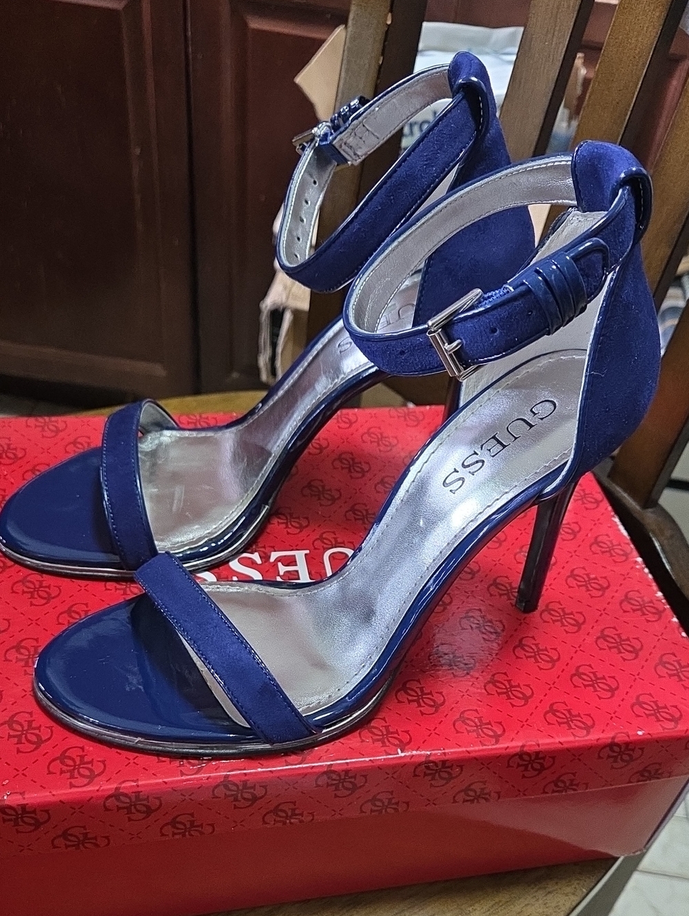 GUESS Blue Suede Ankle-Strap Stiletto Sandals